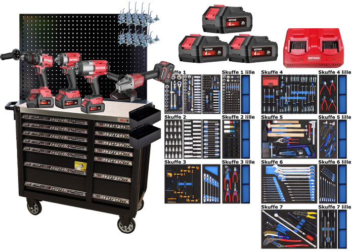 BATO Multi værktøjsvogn med 14 skuffer, tavle og 20V batteri maskiner 557 dele.